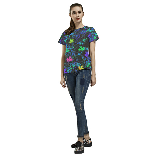 maple leaf in pink green purple blue yellow with blue creepers plants background All Over Print T-Shirt for Women (USA Size) (Model T40)