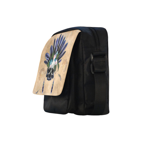 Cool skull with feathers and flowers Crossbody Nylon Bags (Model 1633)