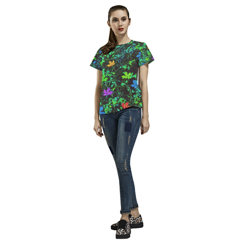 maple leaf in pink blue green yellow orange with green creepers plants background All Over Print T-Shirt for Women (USA Size) (Model T40)