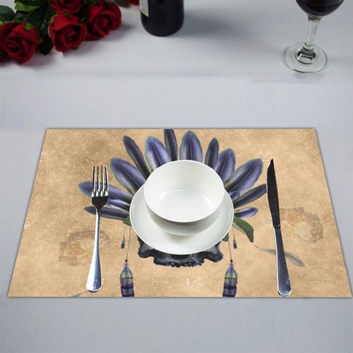 Cool skull with feathers and flowers Placemat 14’’ x 19’’ (Four Pieces)