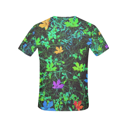 maple leaf in pink blue green yellow orange with green creepers plants background All Over Print T-Shirt for Women (USA Size) (Model T40)