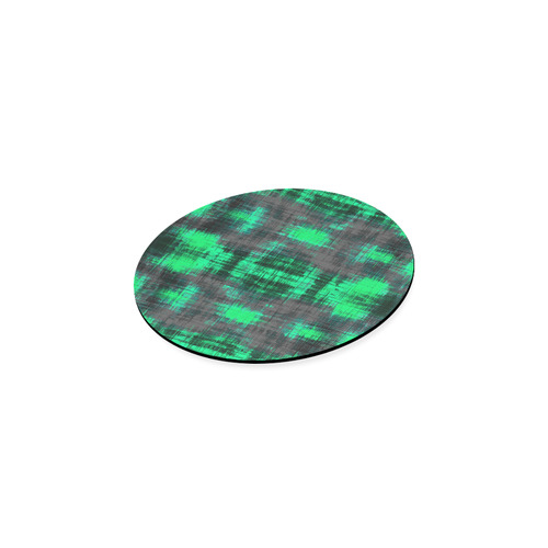 psychedelic geometric plaid abstract pattern in green and black Round Coaster