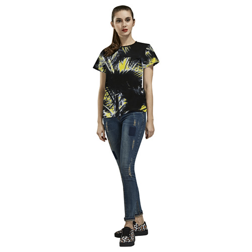 black and white palm leaves with yellow background All Over Print T-Shirt for Women (USA Size) (Model T40)