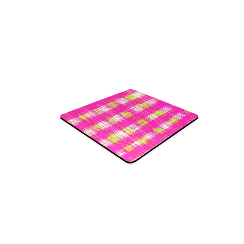 plaid pattern graffiti painting abstract in pink and yellow Square Coaster