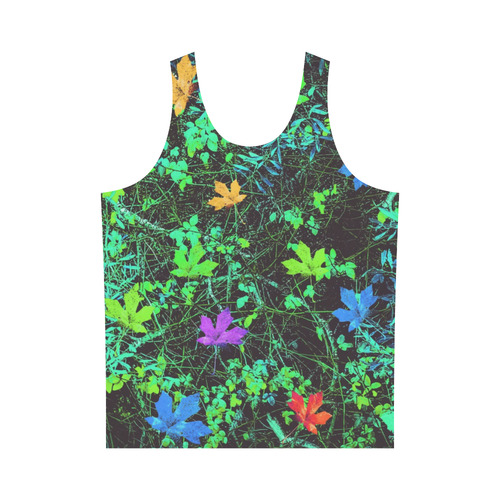 maple leaf in pink blue green yellow orange with green creepers plants background All Over Print Tank Top for Men (Model T43)