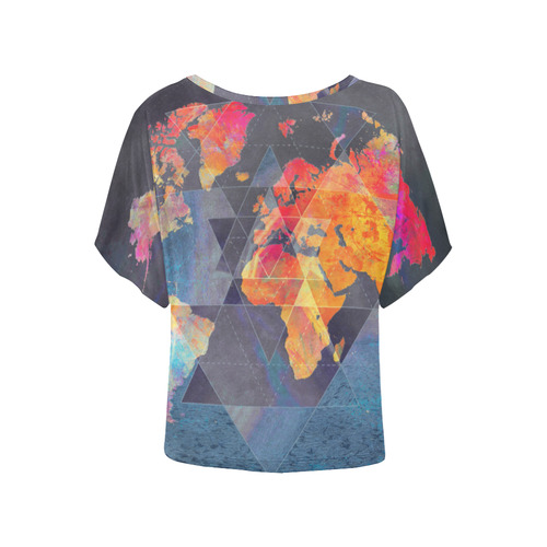 world map Women's Batwing-Sleeved Blouse T shirt (Model T44)