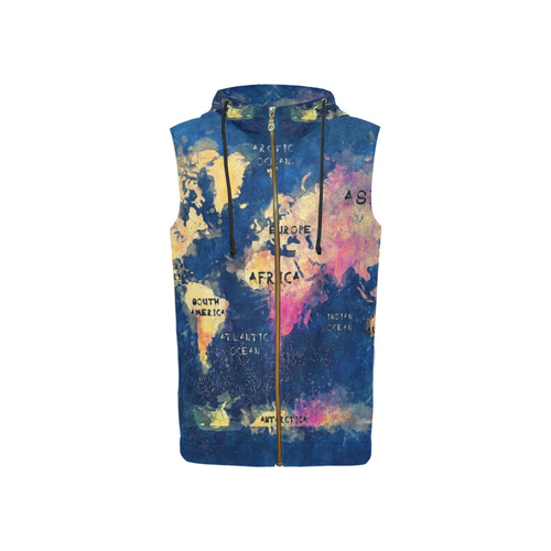 world map oceans and continents All Over Print Sleeveless Zip Up Hoodie for Women (Model H16)