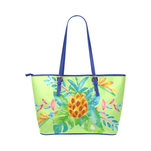 Summer Tropical Pineapple Fruit Floral Leather Tote Bag/Large (Model 1651)