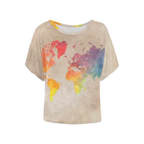 world map Women's Batwing-Sleeved Blouse T shirt (Model T44)