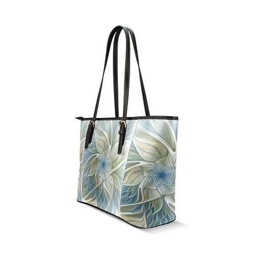 Floral Fantasy Pattern Abstract Blue Khaki Fractal Leather Tote Bag/Small (Model 1640)