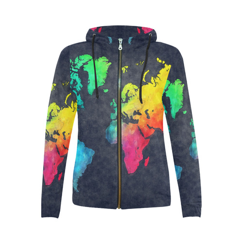 world map All Over Print Full Zip Hoodie for Women (Model H14)