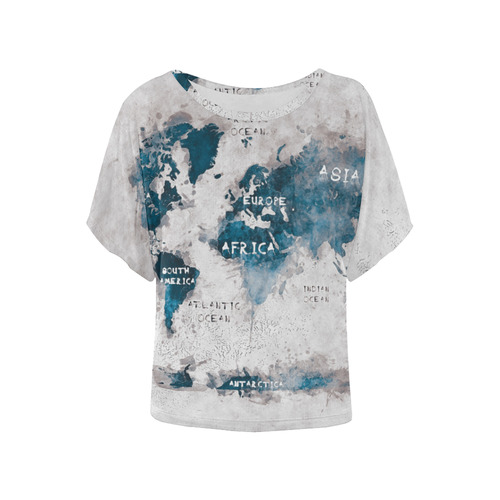 world map OCEANS and continents Women's Batwing-Sleeved Blouse T shirt (Model T44)
