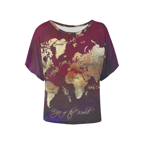 world map Women's Batwing-Sleeved Blouse T shirt (Model T44)