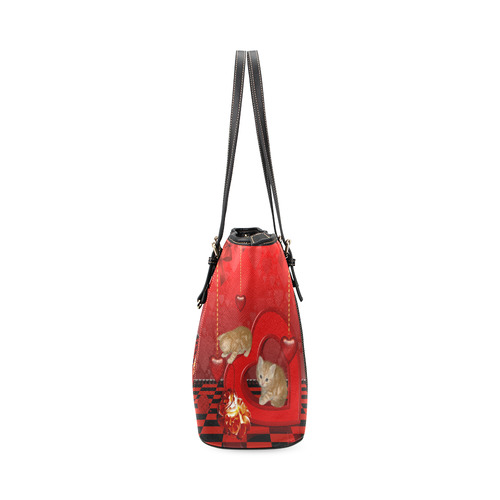 Cute kitten with hearts Leather Tote Bag/Large (Model 1640)