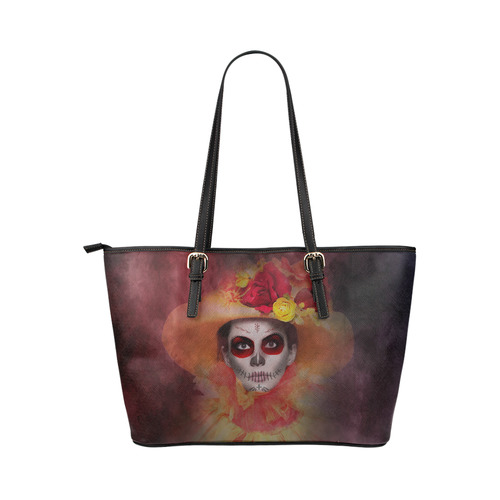 Sugarskull Summer Girl Leather Tote Bag/Large (Model 1651)