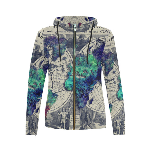 world map 22 All Over Print Full Zip Hoodie for Women (Model H14)