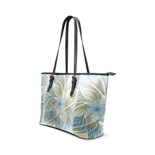 Floral Fantasy Pattern Abstract Blue Khaki Fractal Leather Tote Bag/Small (Model 1640)