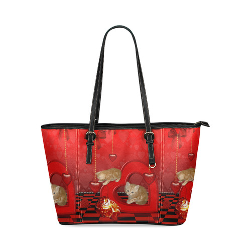 Cute kitten with hearts Leather Tote Bag/Large (Model 1640)