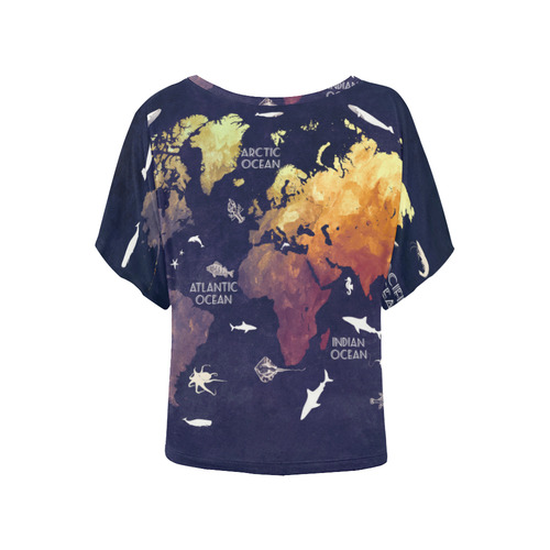ocean world map Women's Batwing-Sleeved Blouse T shirt (Model T44)