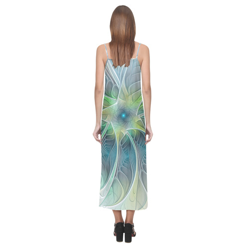 Floral Fantasy Abstract Blue Green Fractal Flower V-Neck Open Fork Long Dress(Model D18)