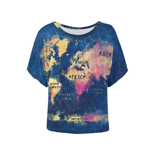 world map oceans and continents Women's Batwing-Sleeved Blouse T shirt (Model T44)