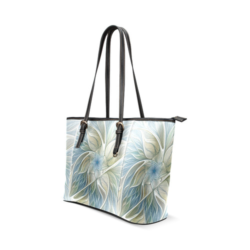 Floral Fantasy Pattern Abstract Blue Khaki Fractal Leather Tote Bag/Large (Model 1640)