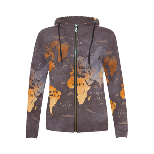 world map All Over Print Full Zip Hoodie for Women (Model H14)