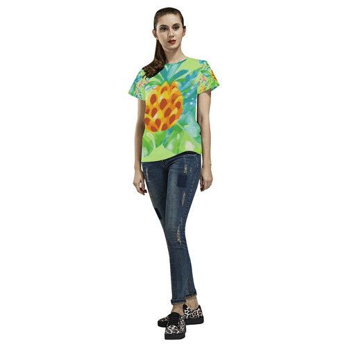 Summer Tropical Pineapple Fruit Floral All Over Print T-Shirt for Women (USA Size) (Model T40)