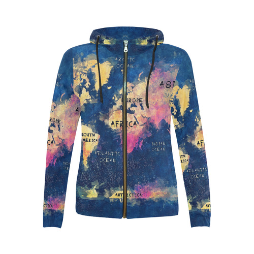 world map oceans and continents All Over Print Full Zip Hoodie for Women (Model H14)