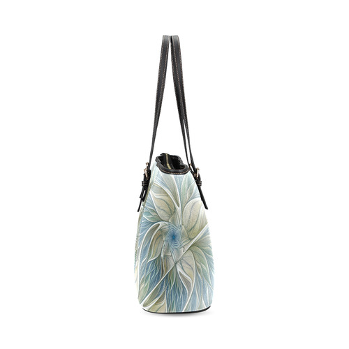 Floral Fantasy Pattern Abstract Blue Khaki Fractal Leather Tote Bag/Large (Model 1640)