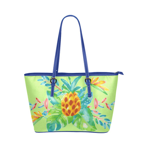 Summer Tropical Pineapple Fruit Floral Leather Tote Bag/Large (Model 1651)