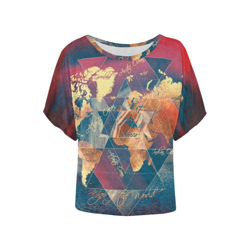 world map Women's Batwing-Sleeved Blouse T shirt (Model T44)