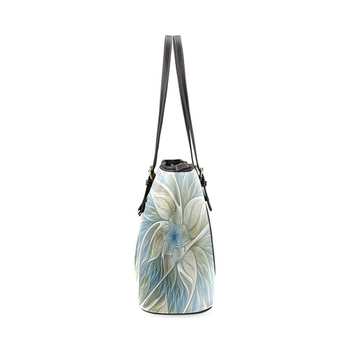 Floral Fantasy Pattern Abstract Blue Khaki Fractal Leather Tote Bag/Large (Model 1640)