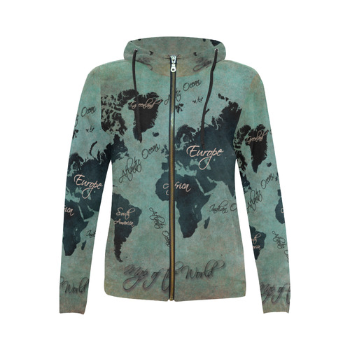 world map All Over Print Full Zip Hoodie for Women (Model H14)