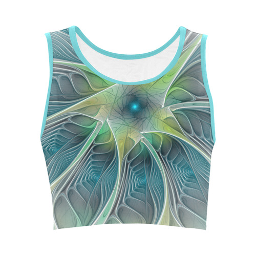 Floral Fantasy Abstract Blue Green Fractal Flower Women's Crop Top (Model T42)