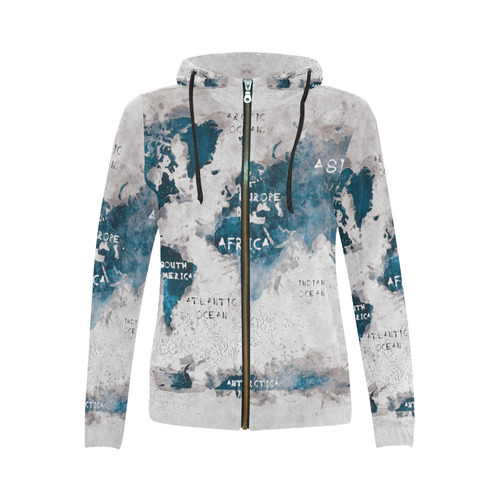 world map OCEANS and continents All Over Print Full Zip Hoodie for Women (Model H14)