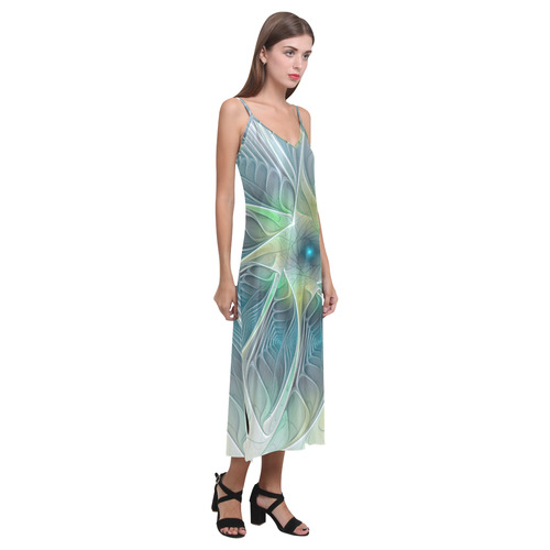 Floral Fantasy Abstract Blue Green Fractal Flower V-Neck Open Fork Long Dress(Model D18)