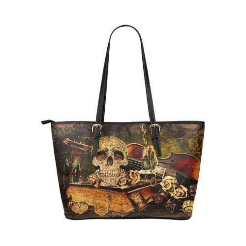 Steampunk Alchemist Mage Roses Celtic Skull Leather Tote Bag/Large (Model 1651)