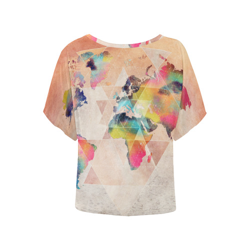 world map Women's Batwing-Sleeved Blouse T shirt (Model T44)