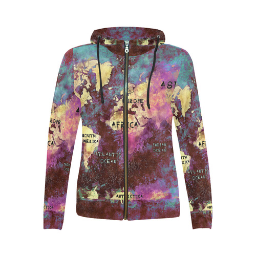 world map All Over Print Full Zip Hoodie for Women (Model H14)