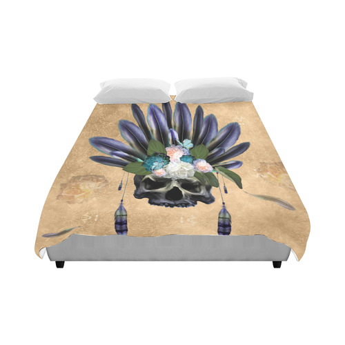 Cool skull with feathers and flowers Duvet Cover 86"x70" ( All-over-print)