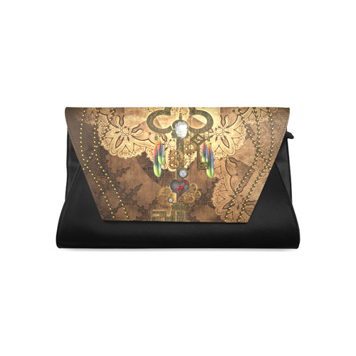 Steampunk, key with clocks, gears and feathers Clutch Bag (Model 1630)