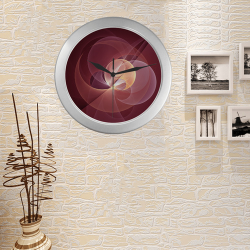 Movement Abstract Modern Wine Red Pink Fractal Art Silver Color Wall Clock