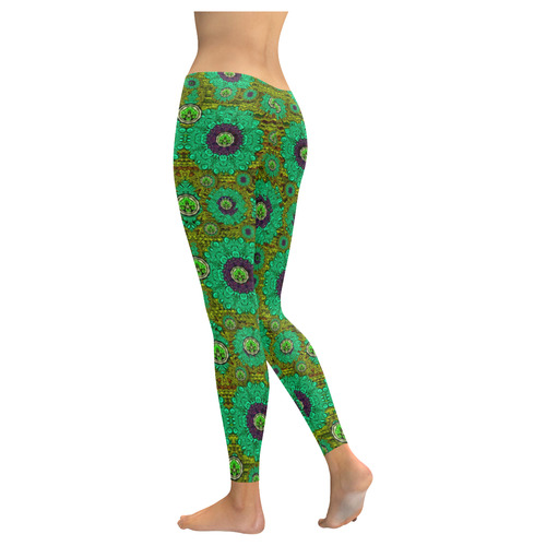 Peacock-flowers in the stars of eden  pop art Women's Low Rise Leggings (Invisible Stitch) (Model L05)