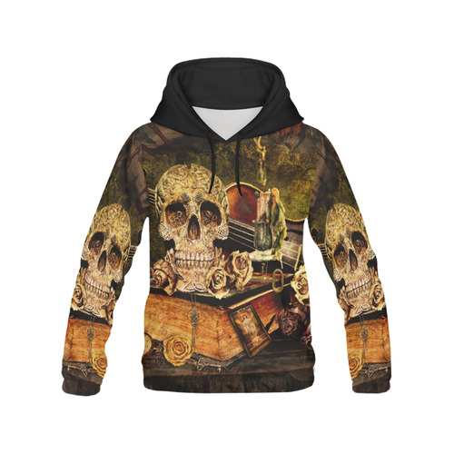 Steampunk Alchemist Mage Roses Celtic Skull All Over Print Hoodie for Women (USA Size) (Model H13)