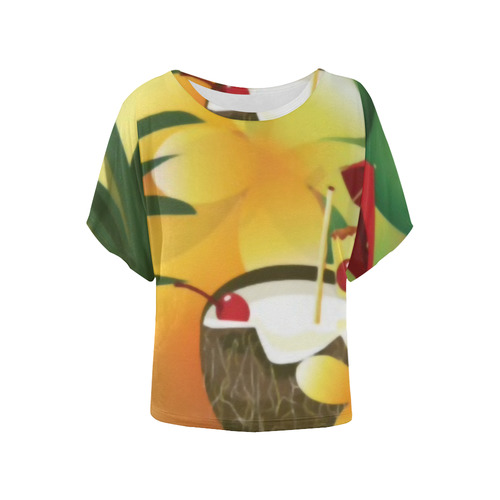 Tropical Floral Watercolor Pineapple Coconut Women's Batwing-Sleeved Blouse T shirt (Model T44)