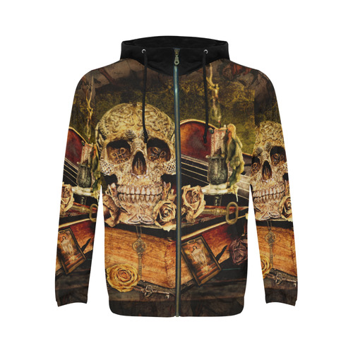 Steampunk Alchemist Mage Roses Celtic Skull All Over Print Full Zip Hoodie for Men (Model H14)