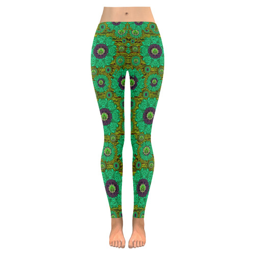 Peacock-flowers in the stars of eden  pop art Women's Low Rise Leggings (Invisible Stitch) (Model L05)