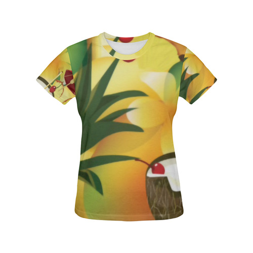 Tropical Floral Watercolor Pineapple Coconut All Over Print T-Shirt for Women (USA Size) (Model T40)