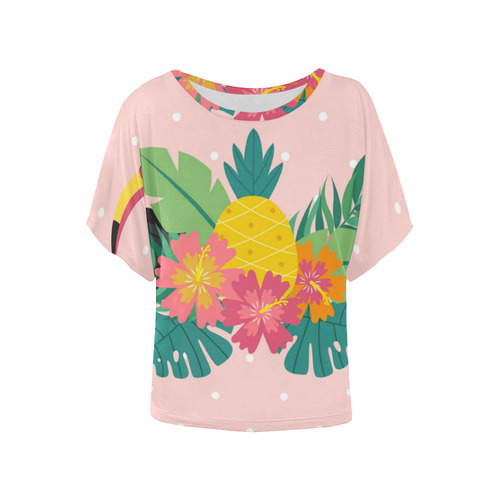 Tropical Hibiscus Floral Toucan Pineapple Monstera Women's Batwing-Sleeved Blouse T shirt (Model T44)